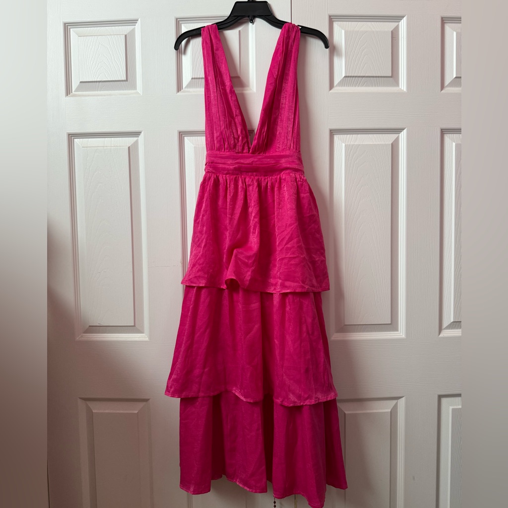 Women's Hot Pink Tiered V-Neck Dress